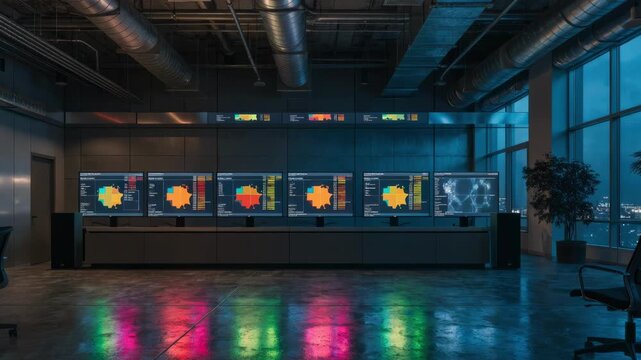 Sharp focus on detailed coverage maps and fluctuating alarm indicators on a video wall against dimmed lights in a calm night shift setup.