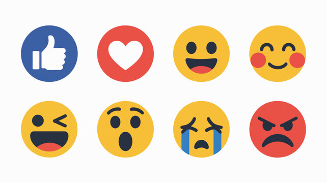 emoji set with different reactions for social network, modern emoticons collection, flat style design icons, happy sad angry love expressions, communication and chat symbols