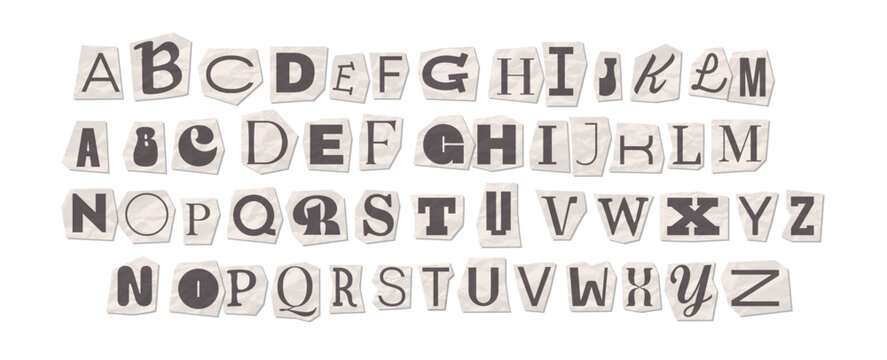 Ransom note alphabet vector set. Anonymous letters cut out from crumpled newspaper and magazine paper. Grunge anonymous text font isolated on white background. Punk typography collage elements.