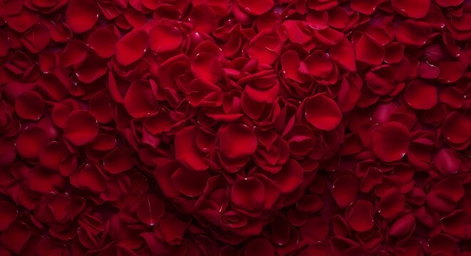 Close-up of a heart shape crafted from a dense bed of vibrant red rose petals
