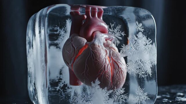 Frozen human heart preserved inside ice block with growing frost crystals for medical and science content
