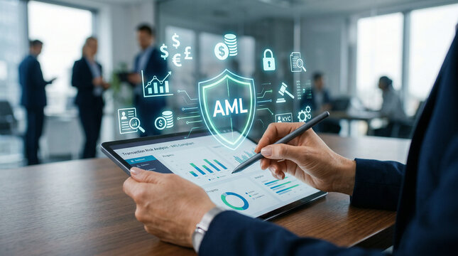 Digital concept of AML compliance and anti-money laundering security displayed with financial icons, shield, bank, legal symbols over tablet. show risk management, regulatory control, fraud prevention