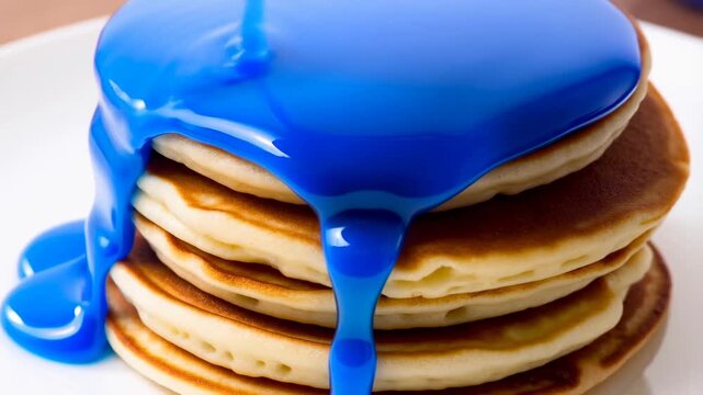 Slow motion zoom of blue syrup pouring over stack of pancakes on white plate in studio kitchen tabletop close up