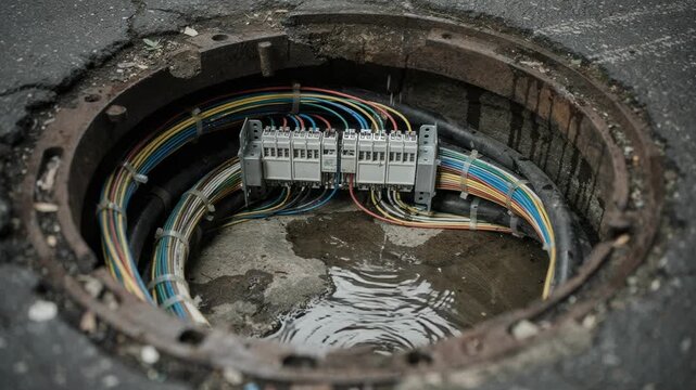 Focused medium shot of an open manhole showing neat splice trays and organized fiber cables in a damp environment with dark unfocused underground chamber walls
