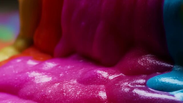 Macro slow motion tracking shot of colorful slime pouring and spreading across tabletop surface in studio close up
