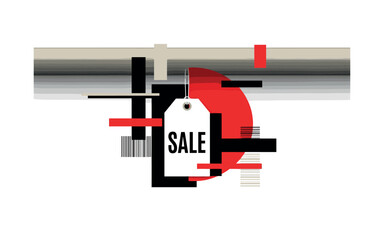 Obraz premium monochrome close-up of bold SALE price tag hanging from shelf, surrounded by red semicircle and black abstract rectangular shapes, flat geometric accents