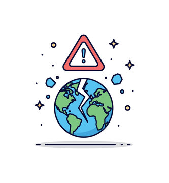 Imminent danger environmental threat symbolized by a cracked planet icon with a warning triangle hovering above and tiny debris accents around it. A compact