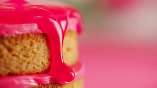 Slow motion close up of cake icing dripping down sponge layers on pink tabletop in studio with shallow focus