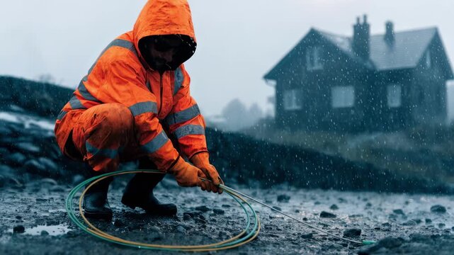 Worker gently threading aerial fiber optic cable towards a residential rooftop singlefamily house silhouette slightly out of focus highlighting the precise cable handling.
