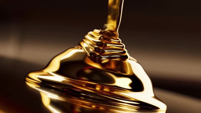Slow motion tracking macro dolly shot of golden liquid pouring and coiling on reflective tabletop surface in studio close up with glossy metallic highlights