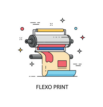 Printing techniques flexographic printing process shown as a rotating cylinder transferring ink onto packaging material, expressing efficiency in large volume