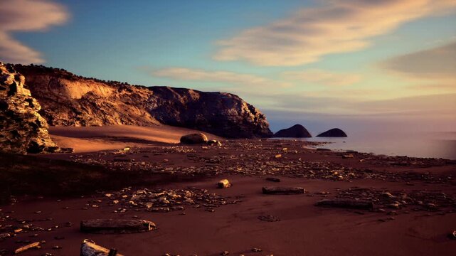moody sunset over secluded cove with rocky foreground and distant islets, deep color grading and silent solitude vibe for editorial storytelling