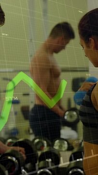 Man picking heavy weight starting curl session, woman curling 2kg while overlay tracking metrics
