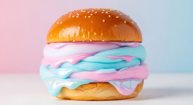 A surreal sesame seed burger bun filled with thick layers of melting pink and blue candy slime