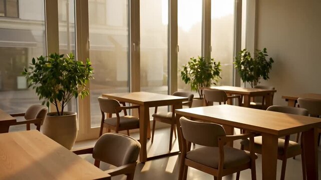 Modern interior with tables and chairs near window