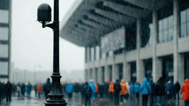 small cell positioned on a lamppost near a stadium entrance sharpened against softfocus crowds and event banners.