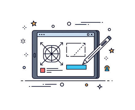 Design project process tablet screen displaying simple wireframe layout with stylus nearby, conveying digital creation and iterative refinement. Minimalist