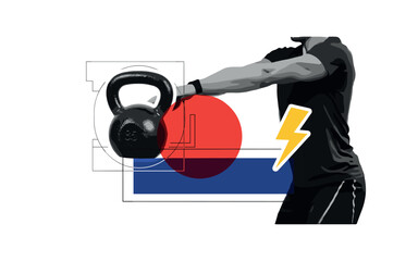 Obraz premium Black and white kettlebell enlarged in foreground with athlete blurred behind mid-swing, bold red circle directly behind the kettlebell as focal spotlight,