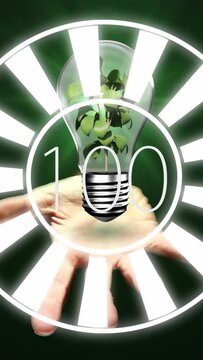 Vertical video: Hand entering holding bulb, UI counting 100 while plant growing for green tech