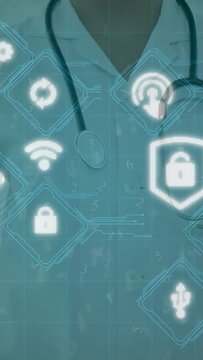 Vertical video: Doc glitching UI overlaying locks camera rising showing steth securing health data