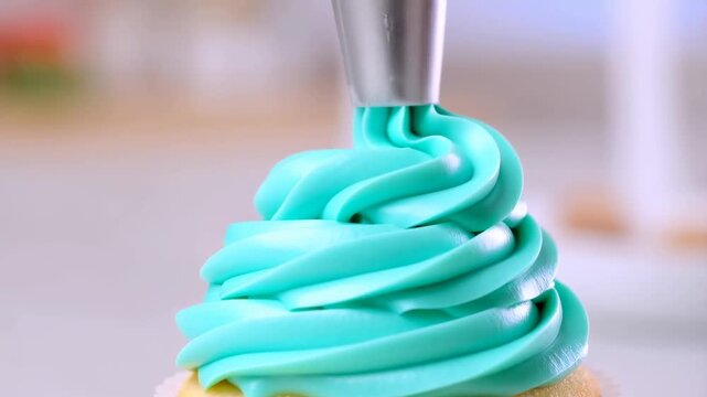 Closeup tracking shot of turquoise frosting being piped and swirled onto vanilla cupcake with metal nozzle on countertop in kitchen studio during morning light