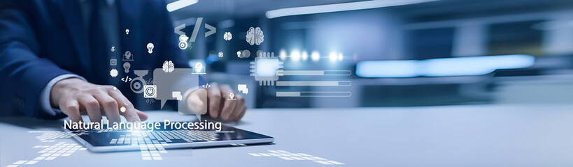 AI specialist holding text interface. Natural language processing enables systems to understand, analyze, and respond to human language. © FutureLogic Studio