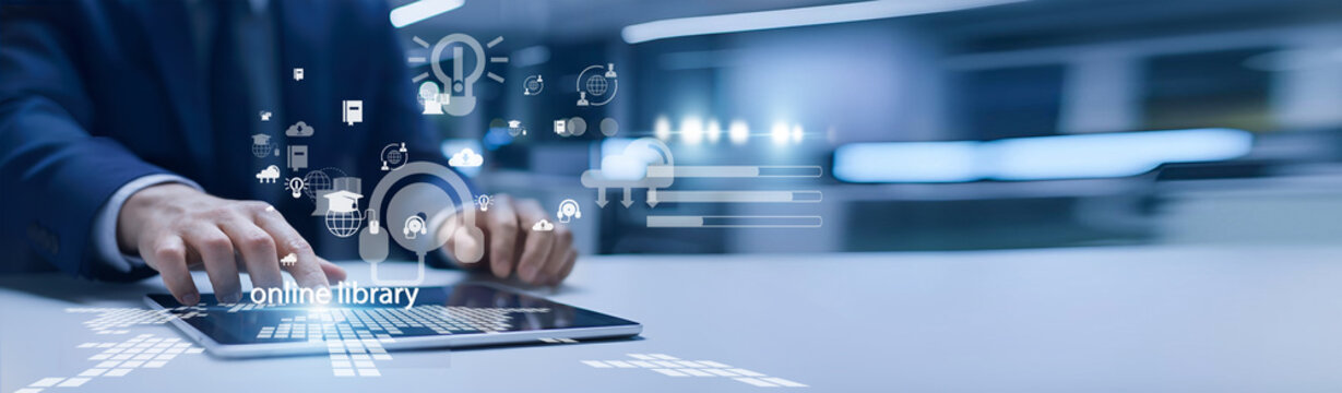 Student holding digital bookshelf screen. Online library provides digital access to books, journals, and educational resources anytime.