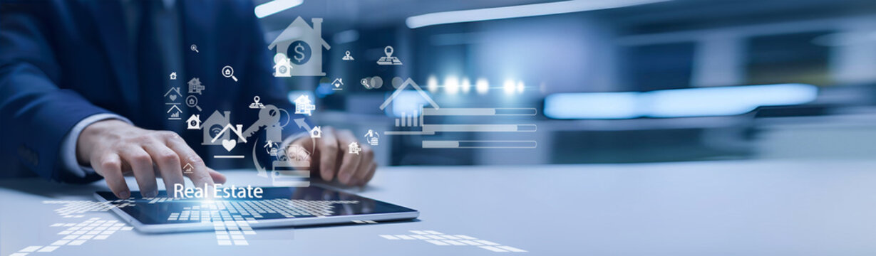 Real estate agent holding property listings. Real estate focuses on buying, selling, and managing residential and commercial properties.