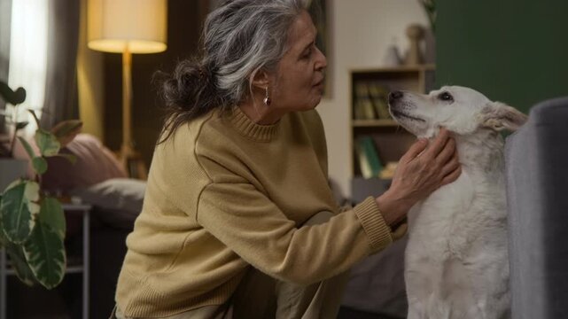 Positive senior woman speaking to white dog, petting her and trying to hold down but she running away from owner in living room