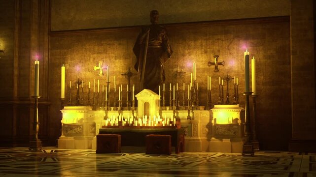 Reflective night with candlelit surrounding and reverent atmosphere. Solemn moment of worship surrounded by candle clusters and sacred stone surroundings
