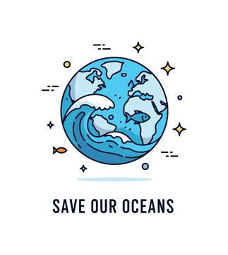 Earth protection ocean conservation theme with a globe partly filled by a wave shape and a tiny fish silhouette, highlighting marine ecosystems and responsible