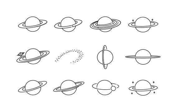 Saturn Inspired Ring Systems. Minimalistic set one-line drawing planet with bold rings, planet with broken ring segment, planet with multiple ring layers,