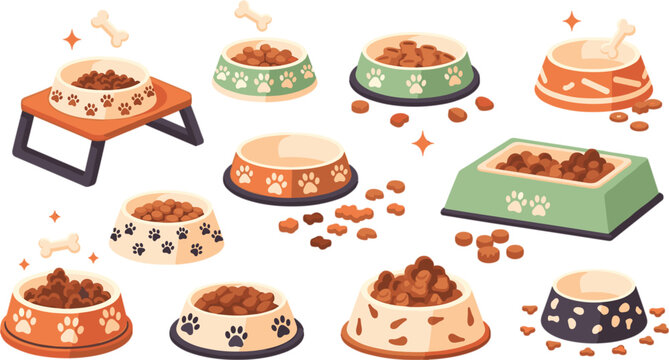 Set of pet food bowls with dry kibble and bones, colorful dog feeding dishes collection isolated on white background