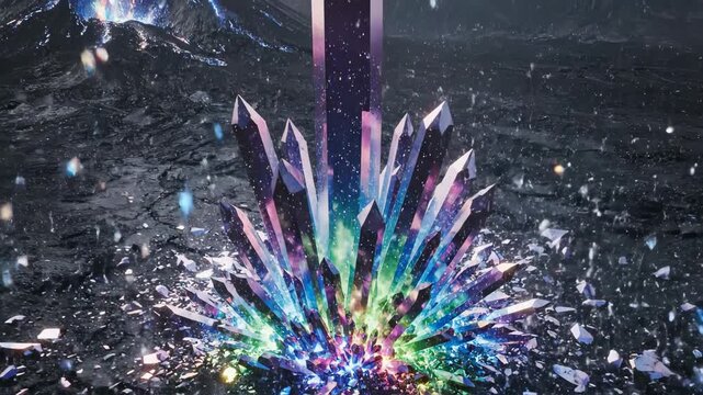 Colorful crystal obelisk growing and erupting from cracked dark landscape in cinematic 3D render