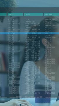 Curly woman typing while peer reviewing, causing UI moving blue bar across redacted codes in study