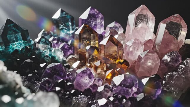 Colorful gemstone crystals glowing and shimmering on dark background for luxury and wellness content