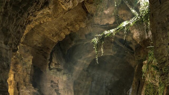 Sunlit cavern entrance with hanging vines and dustfilled beams illuminating limestone arch and mossy floor, serene atmosphere inviting offbeat travel