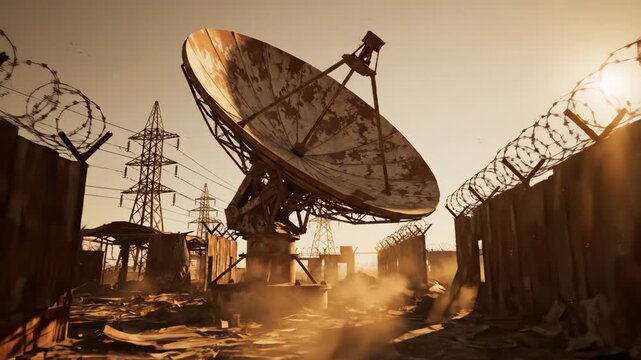 Abandoned satellite dish standing in ruined post-apocalyptic compound at golden sunset for cinematic and sci-fi content