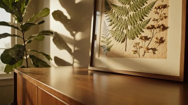 Botanical framed artwork and fiddle leaf fig plant glowing in warm sunlight on wooden sideboard for home decor content