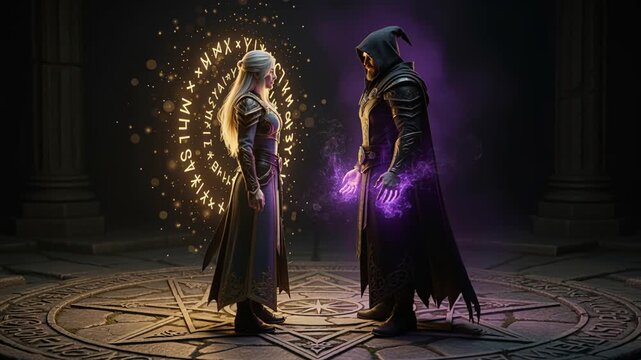 Mysterious ritual scene. Ancient mages perform ritual in grand hall