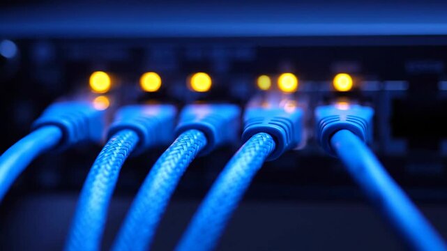 Ethernet cables connected to network switch with glowing yellow lights for technology and internet content