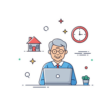 Flexible work life balance for aging employees showing a mature professional at a laptop with a small home icon and clock symbol nearby, representing adaptable
