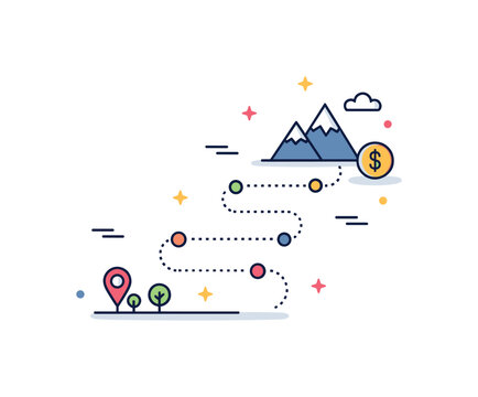 Off the beaten path exploration centered on a winding dotted trail leading to a small mountain icon and a tiny coin symbol, expressing independence, smart