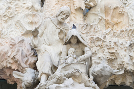 Sculpture of the Nativity Scene on the Fa&ccedil;ade of the Sagrada Familia Basilica in Barcelona, Spain