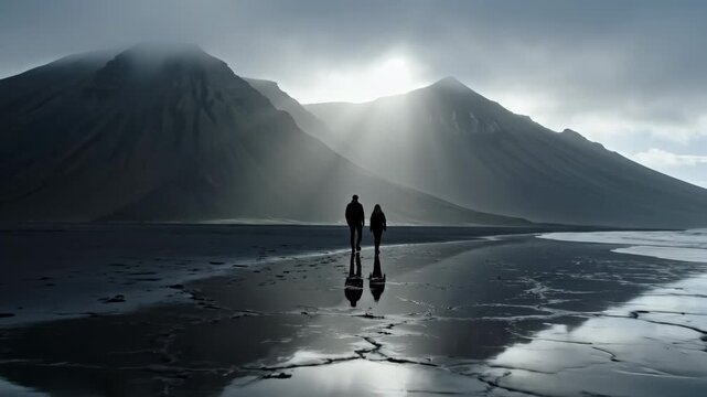 Couple walking on black sand beach with dramatic mountain backdrop for travel and cinematic content