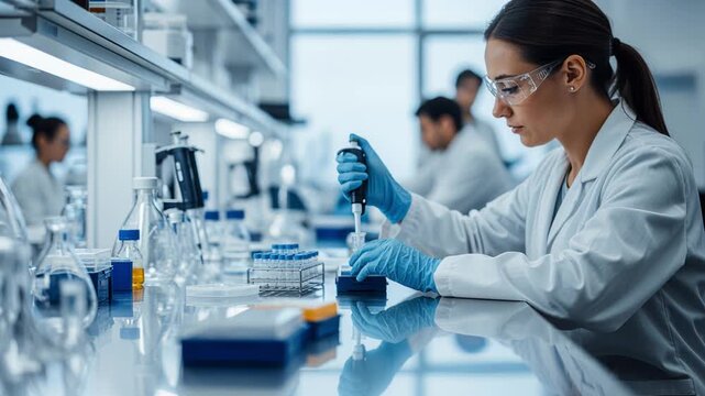 Research professional conducting experiments with laboratory equipment and team