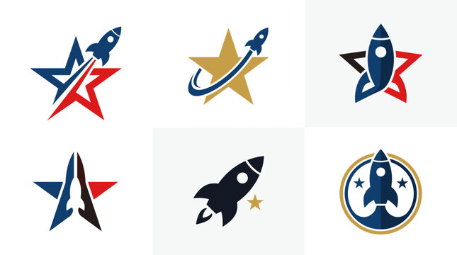 Collection of six rocket and star logo designs, showcasing variations in color and style.