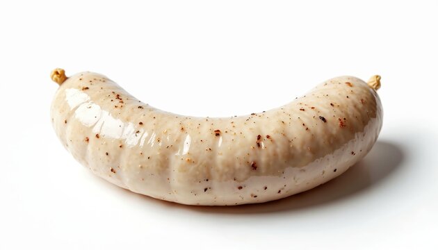 Single German weisswurst sausage with herbs and spices rests on white surface. Traditional bavarian food item, studio shot, isolated. Ready for cooking and eating.