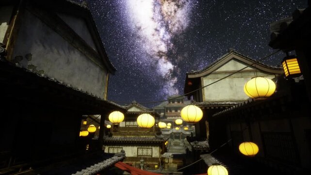 Lanterns floating above canal at night, soft golden glow reflected in still water, traditional houses framed by stringed lights, starfield overhead creates