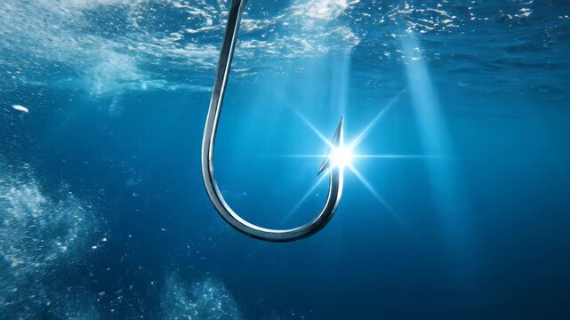 Fishing hook sinking underwater in clear blue ocean for fishing and danger concept